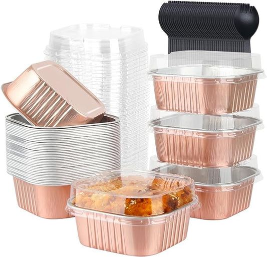 LNYZQUS Mini Cake Pans with Lids and Spoons,10oz Disposable Small Foil Baking Tins,40 Pack Individual Cake Containers for Home Bakers Bake Sales-Champagne,4x4 Square