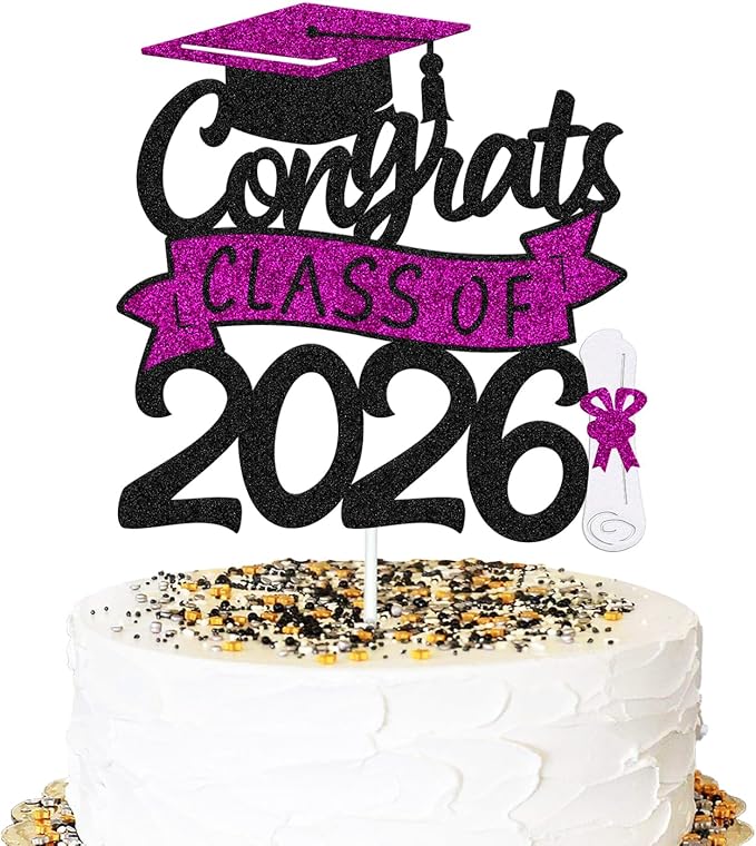 Congrats Class of 2026 Cake Topper Congrats Grad Cap Diploma Theme for High School Happy Graduation Party Supplies College Graduate Decoration (Purple)
