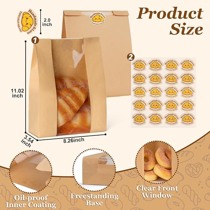 FUNFERY 30 Pcs Sourdough Bread Bags for Home Made Bread Sourdough,Large Paper Bags for Breads Gifting with Window&Cute Stickers,Loaf Bags for Bakery Packaging and Storage,Sourdough Starter Kit