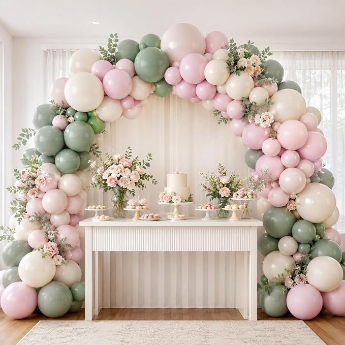 Dusty Pink and Green Balloon Arch Kit, 122Pcs Sage Green Macaron Dusty Pink Ivory White Matte Balloons for Girls Flower Birthday Bridal Wedding Engagement Floral Baby Shower Party Decorations