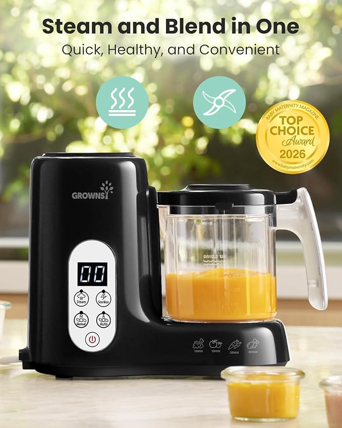 Grownsy Baby Food Maker with Steam Basket, One Step Baby Food Processor Steamer Puree Blender Grinder Mills Machine, Auto Cooking Grinding and Sterili-zing for Healthy Homemade Baby Food, Black