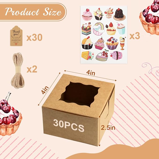 OAMCEG 30pcs Cookie Boxes with Window, 4x4x2.5 Inch Bakery Treat Boxes with Cake-Themed Stickers for Mini Cake, Pastry, Dessert, Chocolate, Strawberries, Party Favors (Brown)