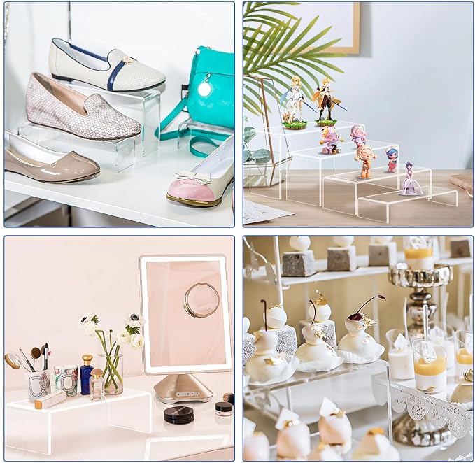 Aheroi Display Risers, 16 Pcs 4 Set(7”L~8”L~9”L) Acrylic Riser Display Shelf, Clear Risers Display Stands, Rectangular Acrylic Risers for Decor Display, Cupcake Candy Shoe Showcase Stands