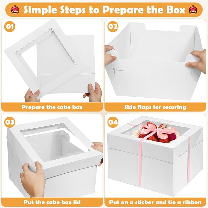 24 Pcs Cake Boxes 12 inch with 12x12x8 Inches 12Pcs Tall Cake Box,10Pcs Cake Board, Stiker &Ribbon, Large Baking Boxes, Square Cardboard Cake Boxes for Multi-Layer Cakes