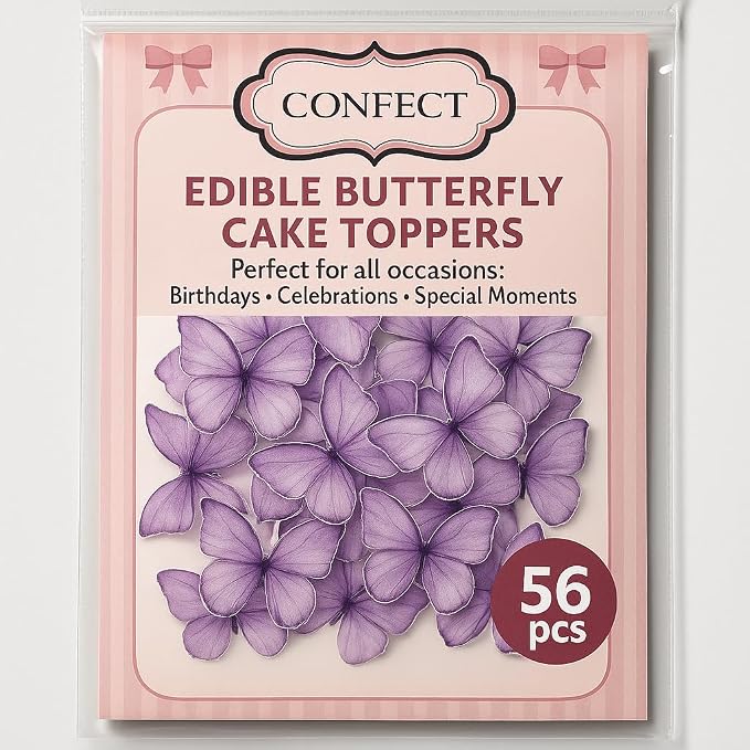 Confect Edible Wafer Paper Butterflies Set of 56 – Colorful Purple Butterfly Cake Decorations, Cupcake Toppers for Birthday, Wedding, Party – Edible Butterfly Toppers