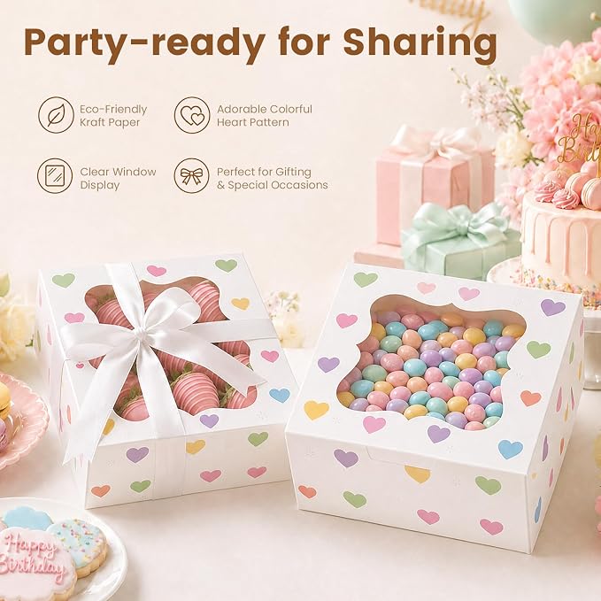 OAMCEG 50 Pack Cookie Boxes with Window, 6x6x3 Inch White Bakery Boxes for Desserts, Donuts,Cookies, Heart-shape Take-out Treat Boxes for Party & Wedding, Gifts