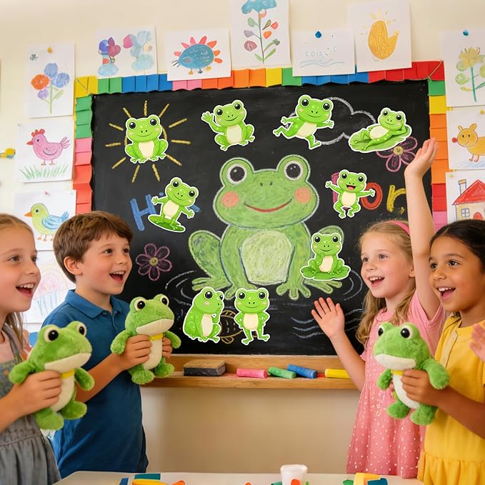 Vuzvuv 54Pcs Spring Green Frog Cutouts Paper with 100Pcs Glue Points for Wall Bulletin Board Decorations or Theme Party or Classroom Decor Supplies