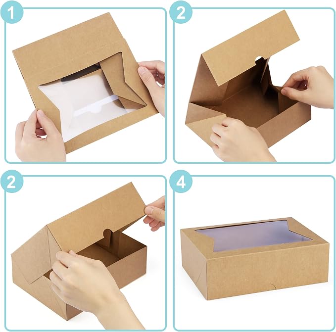 Eupako Cookie Boxes with Window 8x6x2.5 Inhces, 24pcs Auto-Popup Brown Treat Boxes for Bakery, Donuts, Candy, Pastry,Cupcakes, Biscuits, Chocolate Strawberries