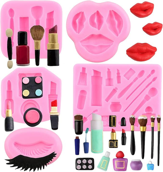 ZiXiang Makeup Theme Silicone Molds Valentine's Day Fondant Molds Kiss Lips Lipstick Perfume Eyelash Brush Mold For Candy Chocolate Cake Decorating Cupcake Topper Gum Paste Polymer Clay Set Of 5