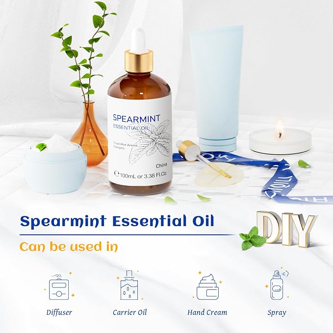 HIQILI Spearmint Essential Oil for Facial Hair, Skin Care | Includes 10ml Travel Bottl, Can be Added to Lotions, CreamsTreatment Grade - 100ml / 3.38 fl oz
