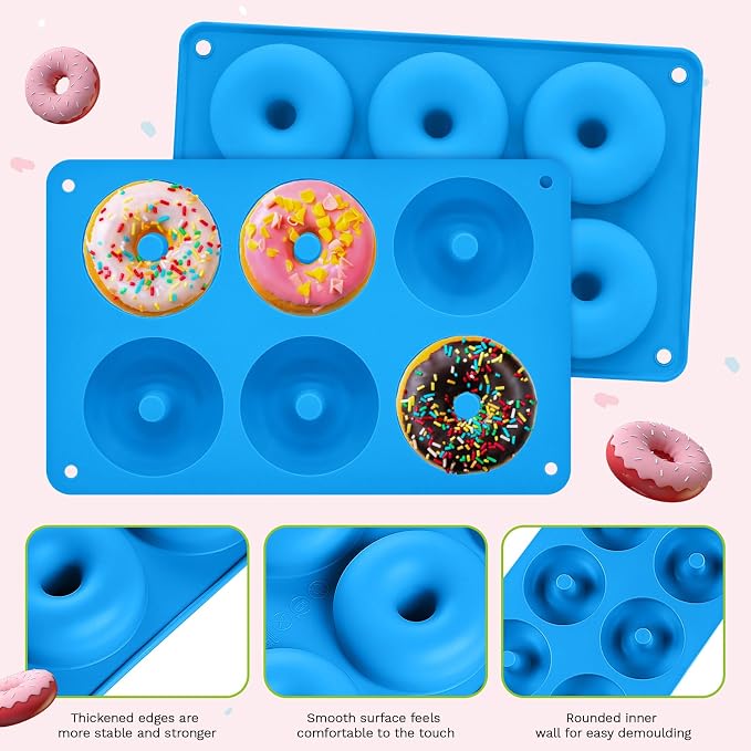 2er Pack Silicone Donut Mold - Non-Stick Silicone Doughnut Pan DIY Chocolate Baking Cookie Molds, Heat Resistant, Make Donut Cake Biscuit Bagels, BPA Free Dishwasher Safe (blue, 6 Cavities)