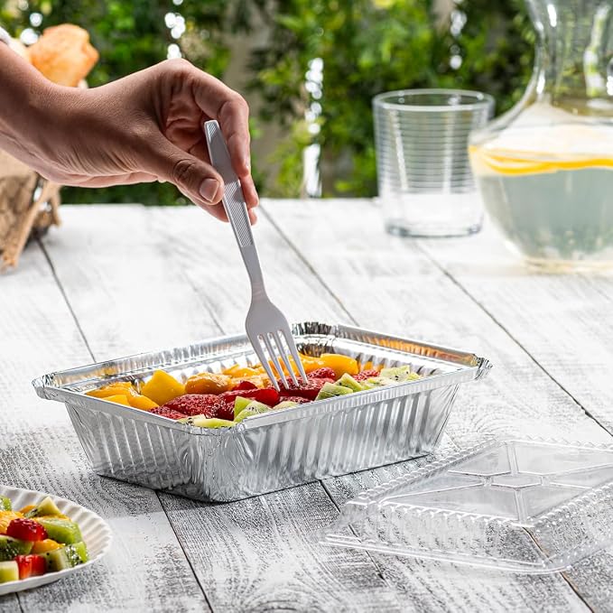 GUSTO 2 lb Disposable Aluminum Foil Takeout Pans with Clear Dome Lids, 8" x 5" – [50 Count], Ideal for Baking, Cooking, Food Storage & Freezing (Formerly Comfy Package)