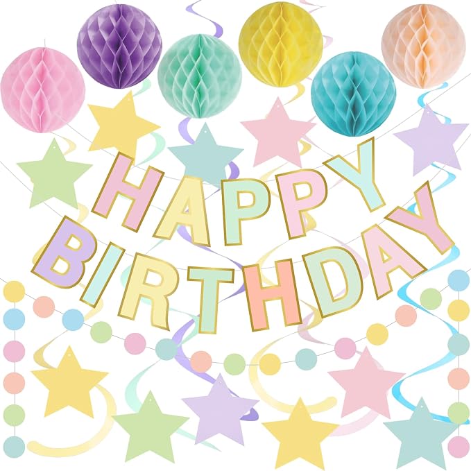 Pasimy Pastel Macaron Happy Birthday Decorations Kit Including Rainbow Happy Birthday Banner Rainbow Hanging Swirls Streamers Cutouts Colorful Honeycomb Balls Circle Dots Confetti Garland Supplies