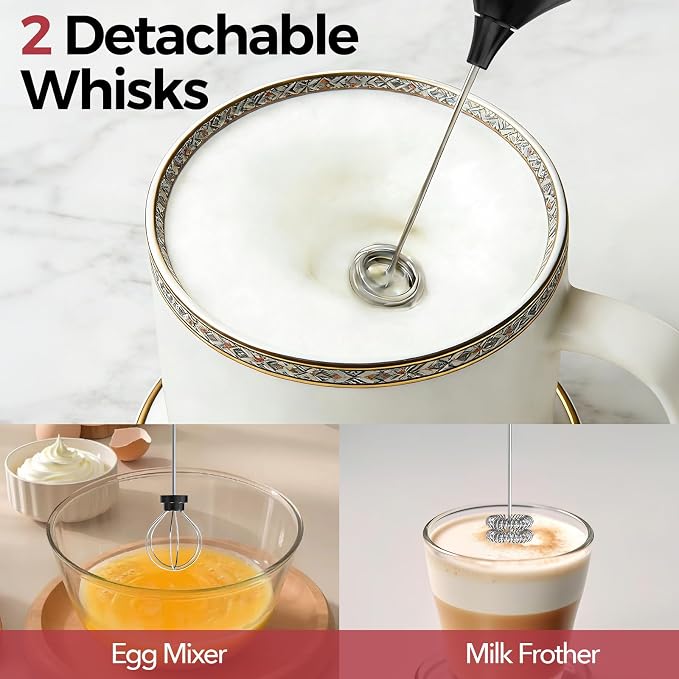 YARRAMATE Rechargeable Milk Frother Wand Handheld, 3 Speed Adjustable Electric Drink Mixer with 2 Whisks, Stainless Steel Stirrer for Coffee, Lattes, Protein Shakes, Matcha, Egg