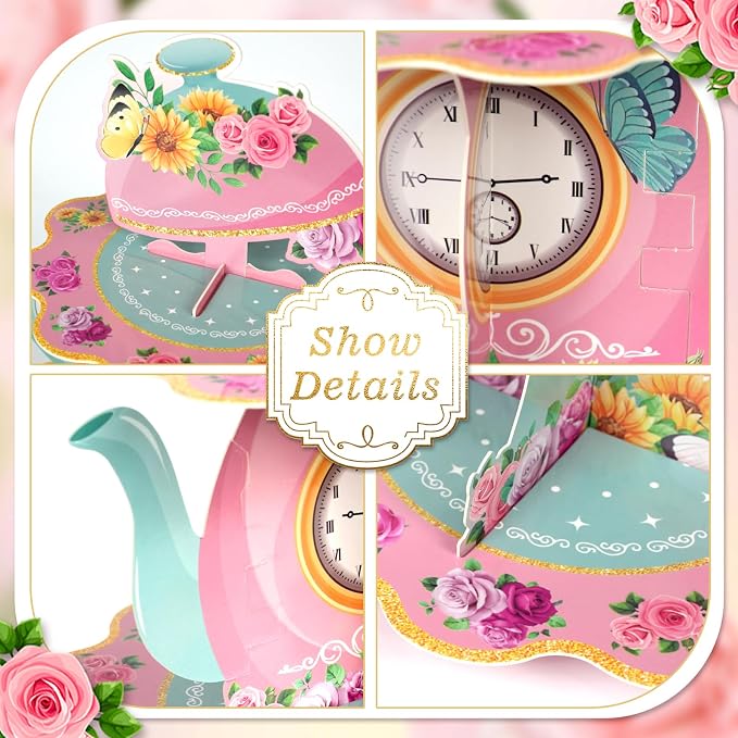 2 Pack Tea Party Cupcake Stands Birthday Decorations: 3-Tier Floral Afternoon Tea Time Theme Dessert Holder Cake Toppers for Adults Girls Kids Baby Bridal Shower Vintage Garden Princess Party Favors