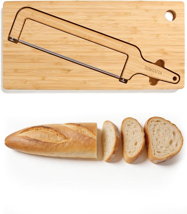 Sourdough Bread Bow Knife & Cutting Board Set with Thickness Guide, Adjustable & Magnetic Storage Ambidextrous Bread Slicer for Homemade Bread - Bamboo