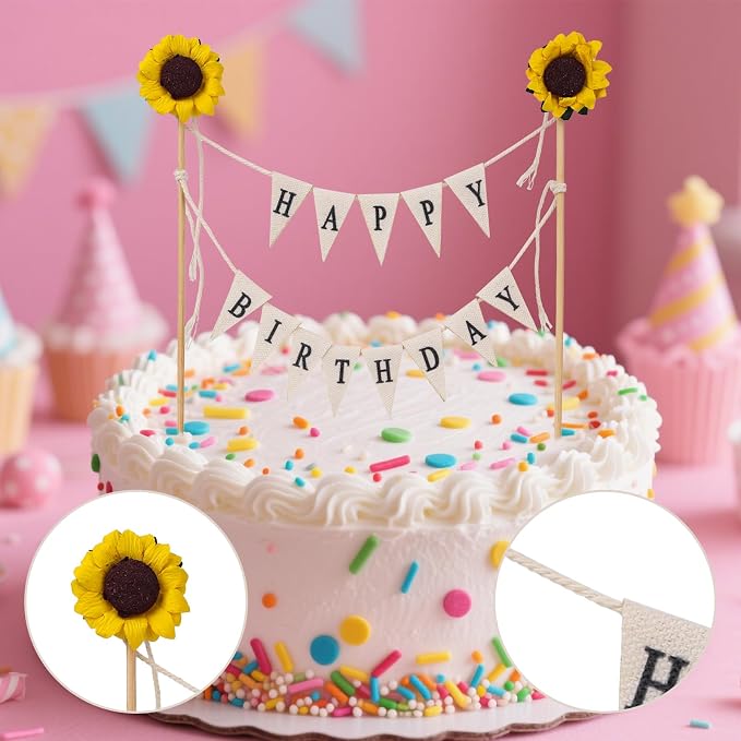 Happy Birthday Flag Banner Cake Topper, Handmade Pennant & Sunflower Garland Birthday Cake Flag Decoration for Party Decorations Supplies