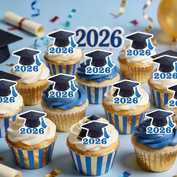 42pcs Edible Graduation Cap Cupcake Toppers Wafer Paper Blue Class of 2026 Cake Decorations Edible Grad Cap Cupcake Picks for 2026 Graduation Theme Party Cake Decor Supplies