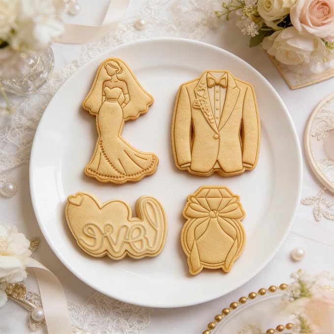 Love Cookie Cutters Set of 4 Wedding Cutter Molds 3.5" with Plunger Stamps Baking Dough Tools Cake Shapes PLA Accessories for Birdesmaid Decorative Party Kitchen Supplies