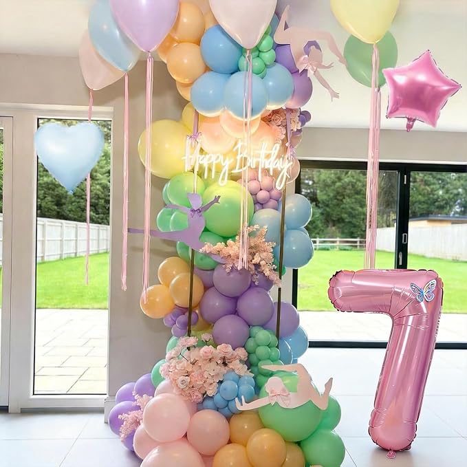 Pastel 7th Birthday Decorations for Girl,Macaron Rainbow 7th Party Decoration Pink Blue Purple Green Yellow Colorful Balloons Banner Star Heart Number 7 Foil Balloon Cake Topper Butterfly Stickers