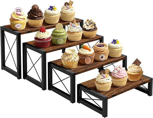ELITEROO Wood Risers Display Stands Set of 4, Wooden 4 Tier Cupcake Stand, Tiered Riser for Vendors, Decorative Display Risers for Food Desserts Buffet Table at Party Wedding, Rustic Brown