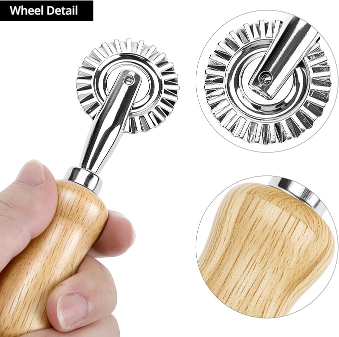 QWORK Ravioli Stamp Maker Cutter with Roller Wheel Set – Wood Handle, Sturdy Aluminum Frame, Precise Fluted Edges – Perfect for Ravioli, Pasta, Cookies