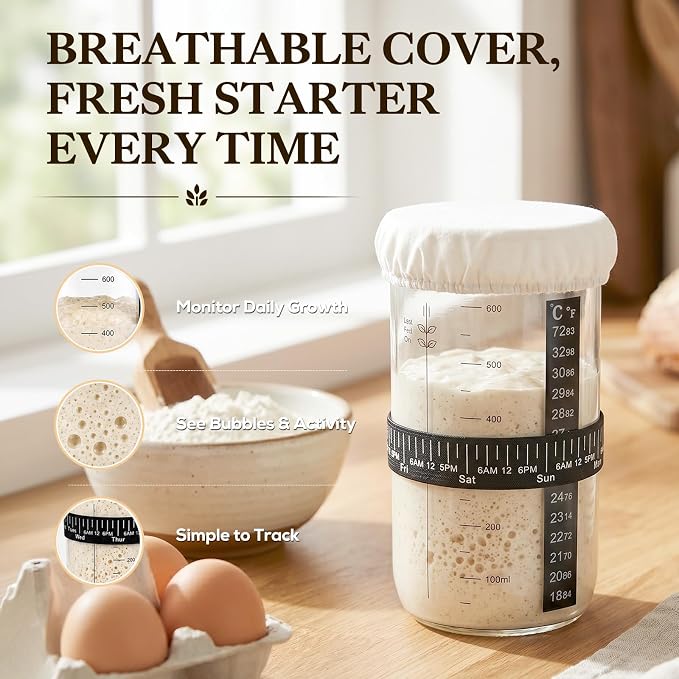 24 oz Sourdough Starter Jar Kit, Glass Sourdough Starter Jar with Date Mark, Thermometer, Scraper, Cloth Cover & Lid, Complete Sourdough Baking Supplies for Beginners & Pros