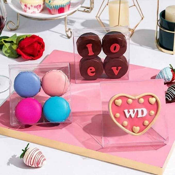 50 Pack 4x4x1.2inch Clear Single Cookies Boxes with Full Window Plastic Boxes Bakery Packaging for Small Treat Macaron Donut Chocolate Dessert Party Christmas Valentine's Mother's Day Birthday