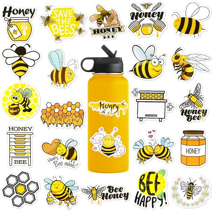 50 Pcs Bee Stickers for Water Bottles, Waterproof Vinyl Cute Honey Bee Stickers for Scrapbook Laptops, Decorative Decals for Kids Girls Boys