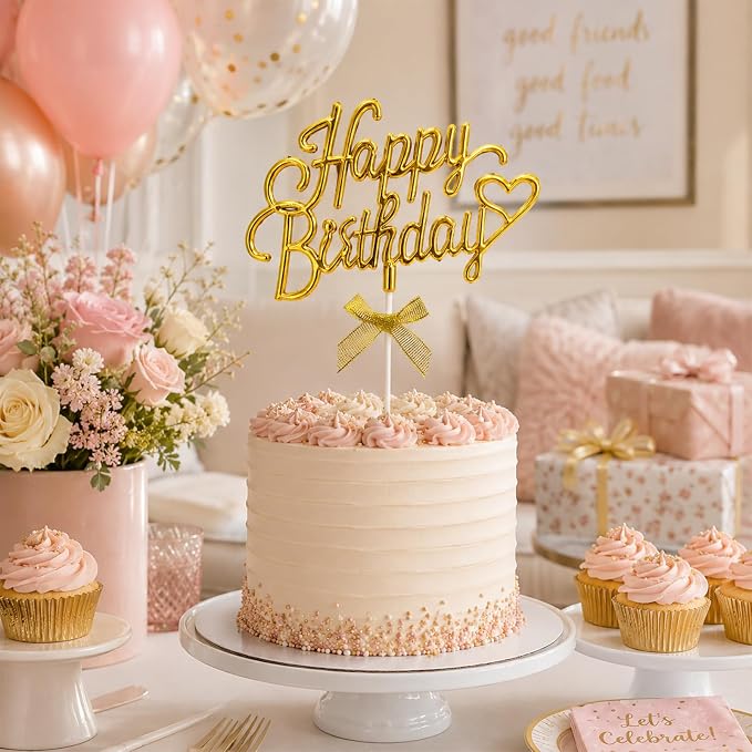 Gold Acrylic Happy Birthday Cake Topper with Heart and Bow | Glossy gold acrylic script withheart and bow adds an elegant finishing touch to birthday cakes and celebration desserts.