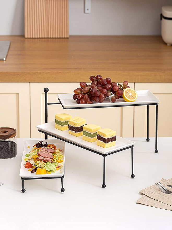 Kanwone 3 Tiered Serving Stand - White Porcelain Platters, 14.5" x 6" Tier Serving Trays for Entertaining, Dessert Stand