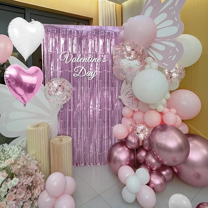 157Pcs Pink and White Balloons Garland Arch Kit with Metallic Pink Fringe Curtain for Girl Princess Woman Bridal Shower Engagement Wedding Baby Shower Birthday Party Decorations