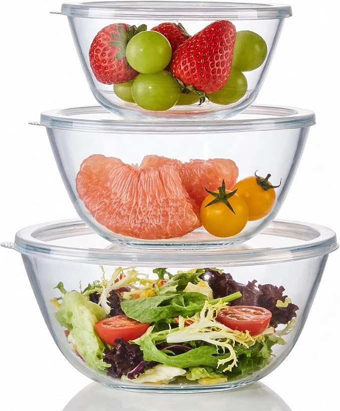 Glass Mixing Bowls with Lids Set(4.68 QT+ 2.89 QT+ 1.1QT)-Large Glass Mixing Bowls, Clear Salad Bowl for Baking, Cooking, Serving, Food Prep, 3PC Nesting Bowls for Kitchen Storage & Dishwasher Safe