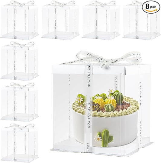 8Pcs Clear Cake Box with Ribbon 2-Layer 10x10x9 Inch, Transparent Cake Box with Lids, Tall Cake Boxes, Transport Gift Boxes for Birthday Wedding Valentine'Day.(Clear, 10 * 10 * 9inch/8pcs)