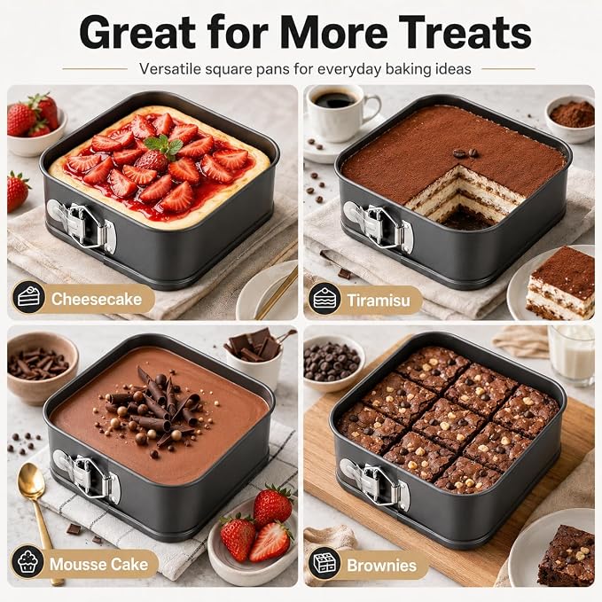 3 Pack Square Springform Pan Set, 8/9/10 Inch Nonstick Cheesecake Pans with Removable Bottom, Carbon Steel Square Cake Pans for Baking Cheesecake, Pizza, Quiche, Desserts