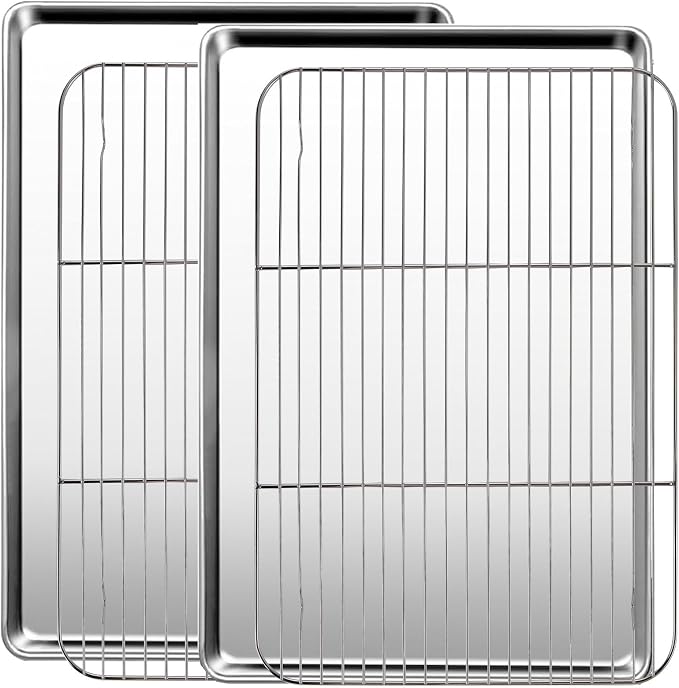 Baking Sheet with Racks Set [2 Sheets + 2 Racks], Stainless Steel Baking Sheets with Cooling Racks, Nonstick Pan, Warp Proof & Rust Proof & Easy to Clean, Size 18 X 13 X 1 Inch