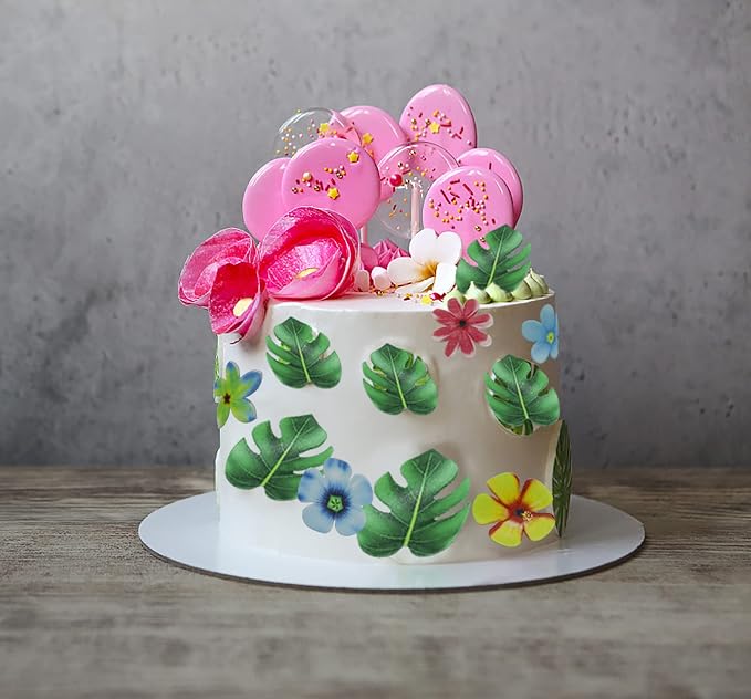 83pcs Edible Tropical Turtle Leaves Flower Cupcake Toppers Wafer Paper Palm Leaf Flower Cake Topper Edible Cake Decoration for Hawaii Aloha Jungle Summer Theme Wedding Birthday Baby Shower