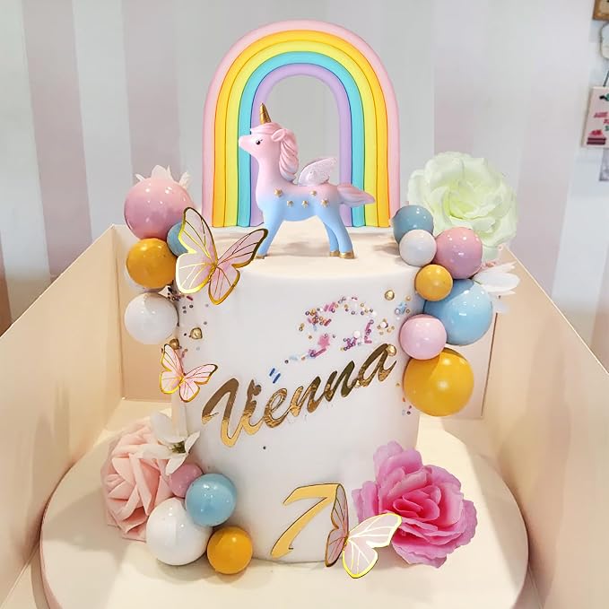 47 PCS Unicorn Cake Topper Unicorn Rainbow Cake Decorations with Rainbow Butterflies Unicorn Balls Happy Birthday Cake Decorations (Style 2)