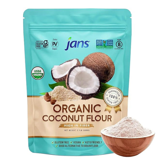 Jans Organic Coconut Flour, 1.1 lb – Gluten Free Coconut Flour, Keto & Paleo Friendly, High Fiber Low Carb Baking Flour Substitute, USDA Organic, Unbleached & Unrefined, Vegan