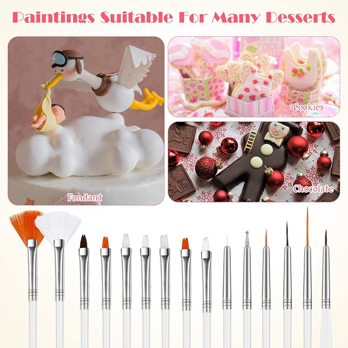 Lounsweer 30 Pcs Cake Decorating Brushes Cake Painting Brushes Food Paint Multiple Function Fondant Cookie DIY Tool Set Icing Pastry Tool for Baking (White)