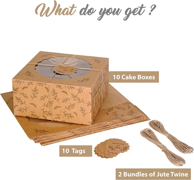 Kraft Cake Boxes with Window (10pcs) - Brown Bakery Boxes for Cakes, Donuts, Pie, Cookies, Cupcakes, Chocolates, Desserts: Size 10x10x5 Inches