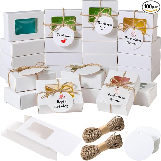 Zhanmai 100 Set White Small Soap Boxes for Homemade Soap, 3.35 x 2.36 x 1.2 Inch Paper Packaging Boxes with Window, with 100 Tag and Twine, Gift Wrapping Supplies for Bakery Candy Cookies Party Favors