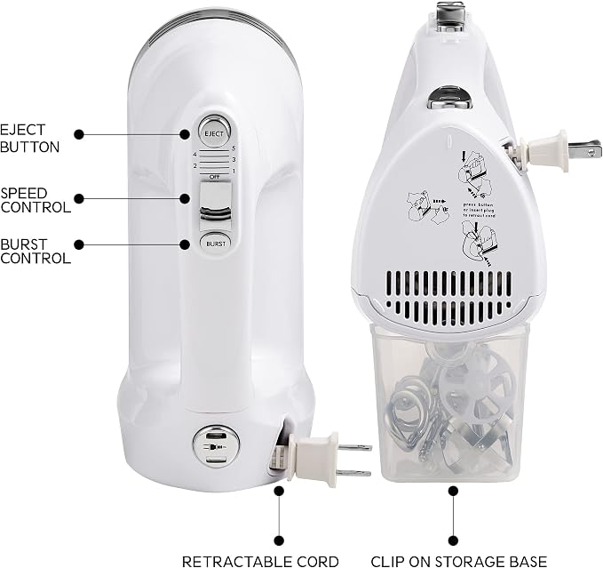 Kenmore 5-Speed Hand Mixer/Blender, 250 Watts, with Beaters, Dough Hooks, Liquid Blending Rod, Automatic Cord Retract, Burst Control, and Clip-On Accessory Storage