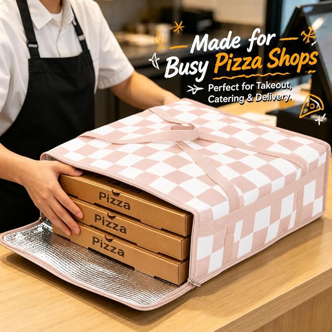 Beige Checkered Pizza Bags for delivery, Checkerboard Insulated Pizza Delivery Bag, Pizza Warmer Bag Pizza Carrier for Food Delivery Bag 20’’x20’’x6’’