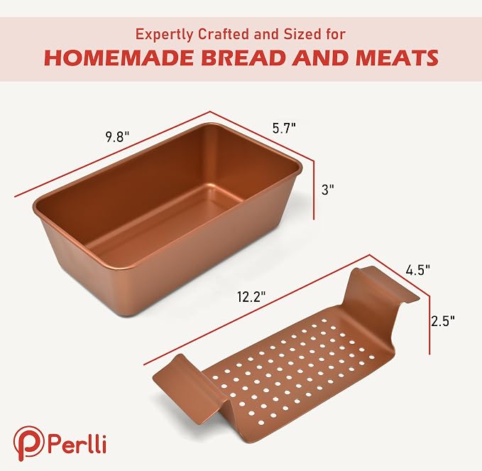 PERLLI Meat Loaf Pan with Drip Tray – 2 Pc. 9.8 x 5.7 In. Copper Nonstick Meatloaf Pan with Drain Tray – Large BPA-Free Oven Loaf Pan for Baking, Bread, Cakes, Roasting Meat, & More