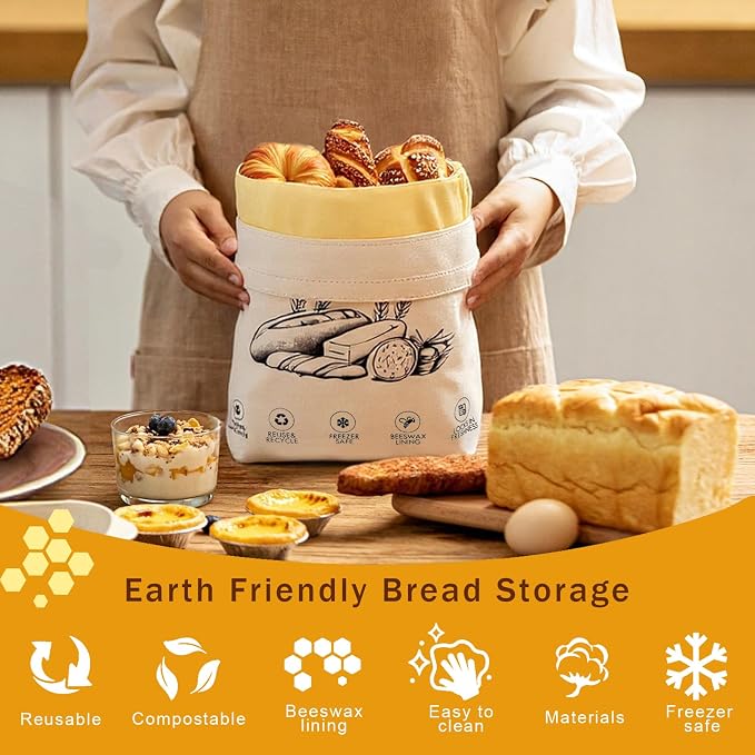 2-Pack Reusable Beeswax Bread Bags for Sourdough & Homemade Bread，Cotton Waxed Bags Keeps Fresh Longer(Golden Wheat)
