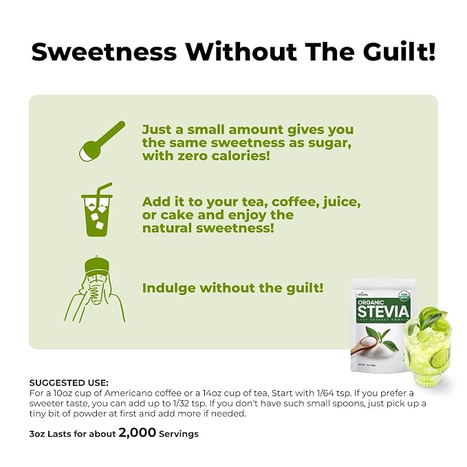Viccoky Organic Stevia Powder 3oz (86g), Pure Stevia Extract Powder, Sugar-Free & 0 Calories, No Additives, Sugar Substitute, Natural Sweetener