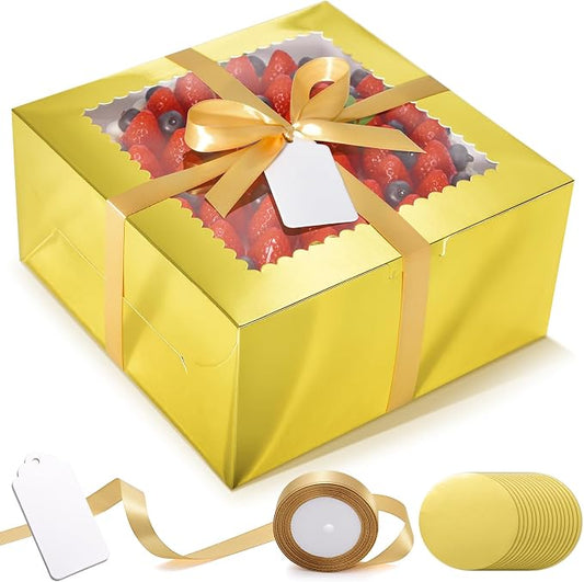 32Pcs 10 Inch Cake Boxes with Cake Boards (16Pcs Gold Cake Boxes, 16Pcs Cake Boards), 10x10x5 Inch Bakery Boxes with Window, Cake Carrier Container for Birthday Party, Wedding