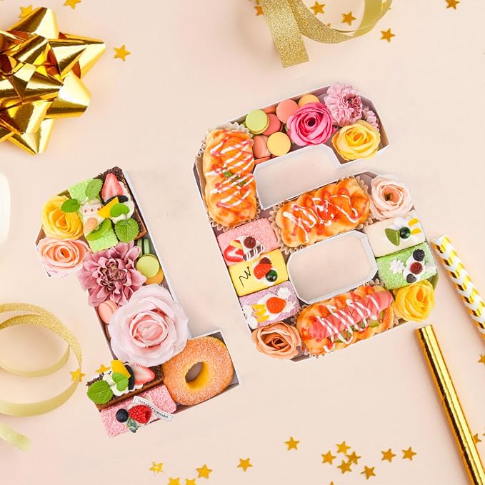16 Set Cardboard Number for Charcuterie 10.2'' Fillable Tray Charcuterie Paper Box for 16th Birthday Anniversary Party Decorations Chocolate Candy Cupcake Container