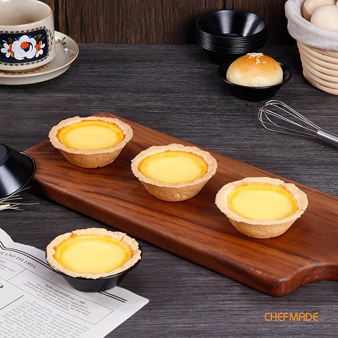 CHEFMADE Mini Egg Tart Pan Set, Non-Stick 3 Inch 12Pcs Round Tart Molds for Baking, Mini Baking Pans for Egg Tarts, Cupcakes, Quiche, Oven & Air Fryer Safe (Black)